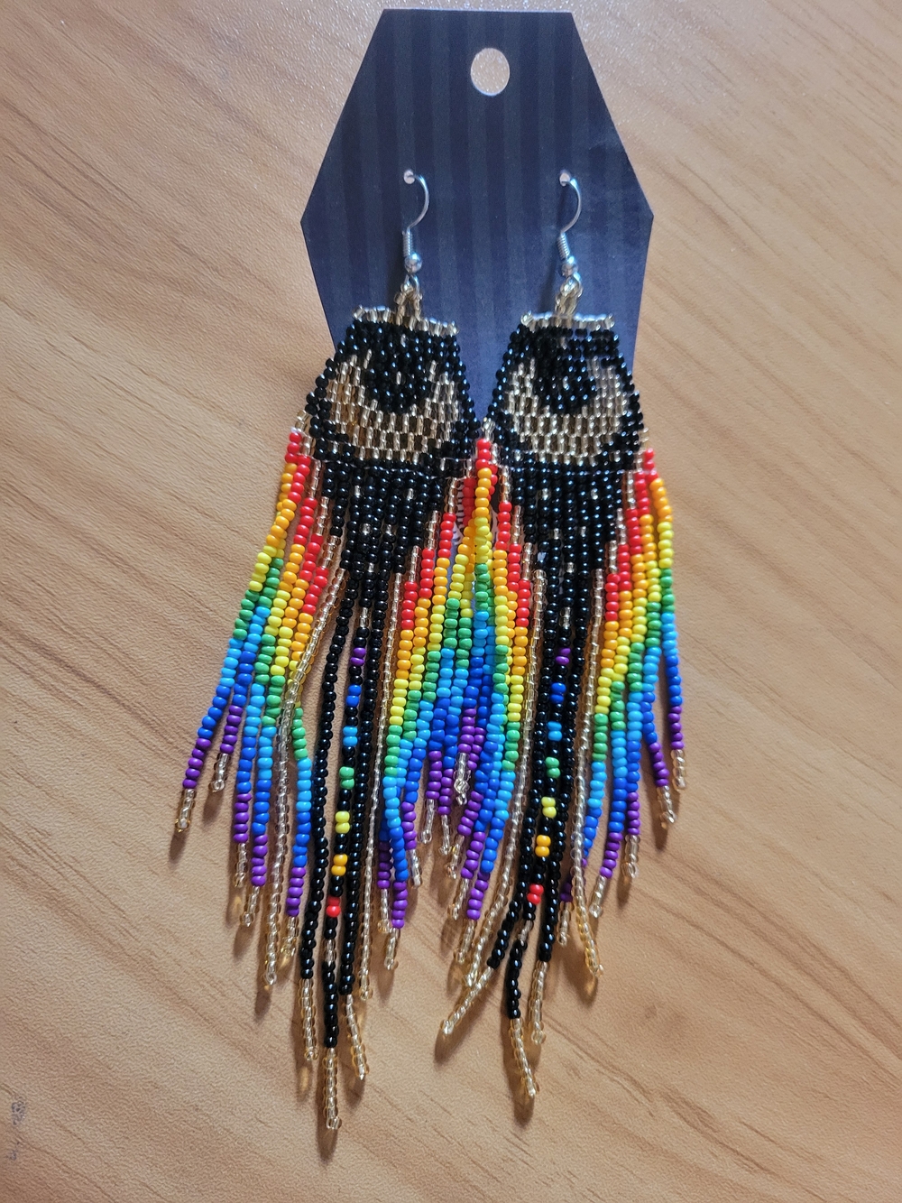 💐NEW 💐Handmade Rainbow Beaded Fringe Earrings - Black & Multicolor
